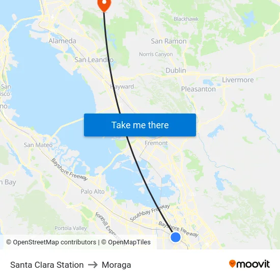 Santa Clara Station to Moraga map