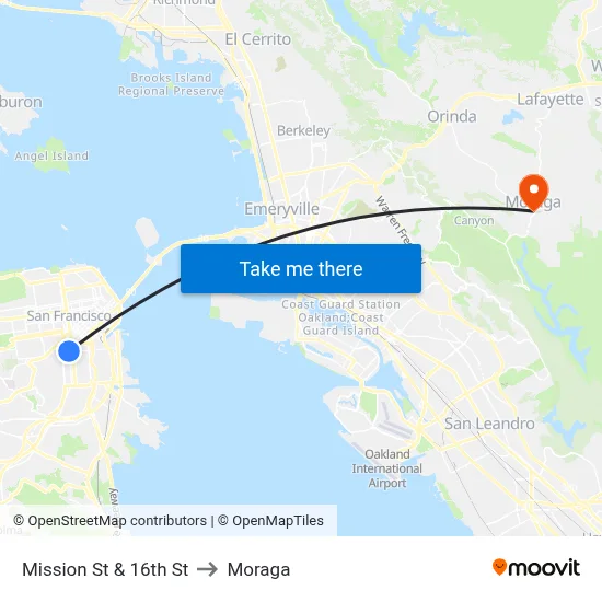 Mission St & 16th St to Moraga map
