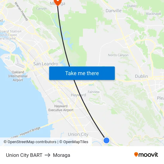 Union City BART to Moraga map