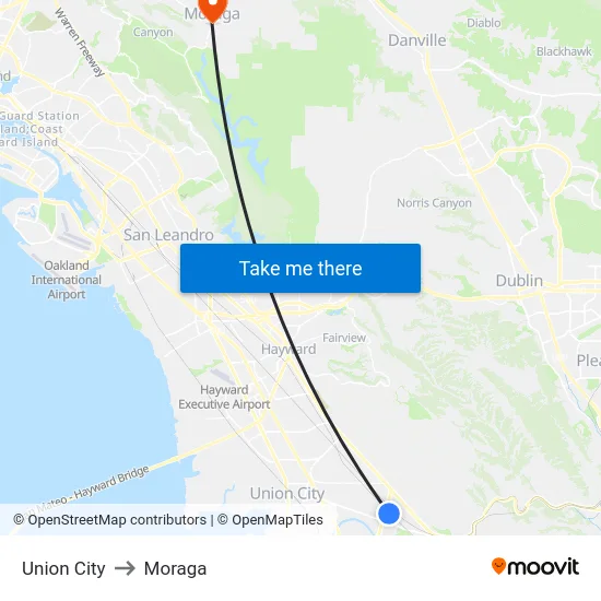 Union City to Moraga map