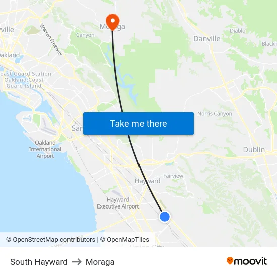 South Hayward to Moraga map