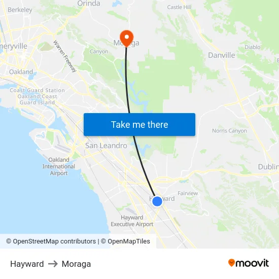 Hayward to Moraga map
