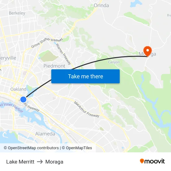 Lake Merritt to Moraga map