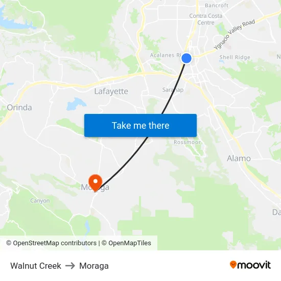 Walnut Creek to Moraga map