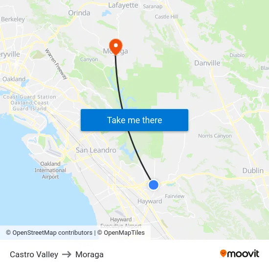 Castro Valley to Moraga map