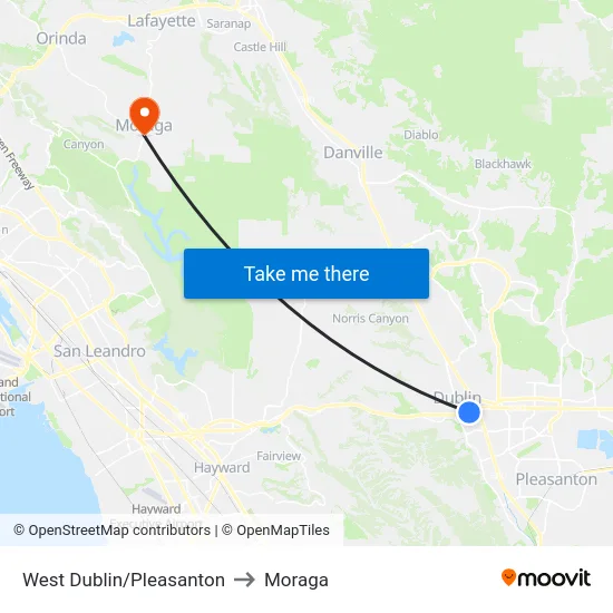 West Dublin/Pleasanton to Moraga map