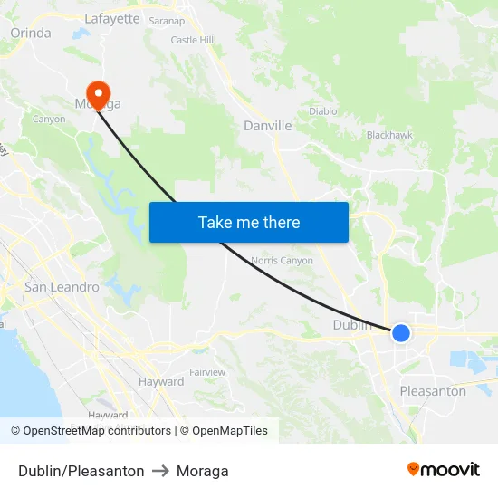 Dublin/Pleasanton to Moraga map
