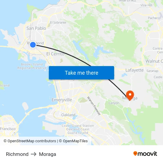 Richmond to Moraga map