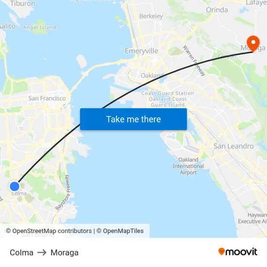 Colma to Moraga map