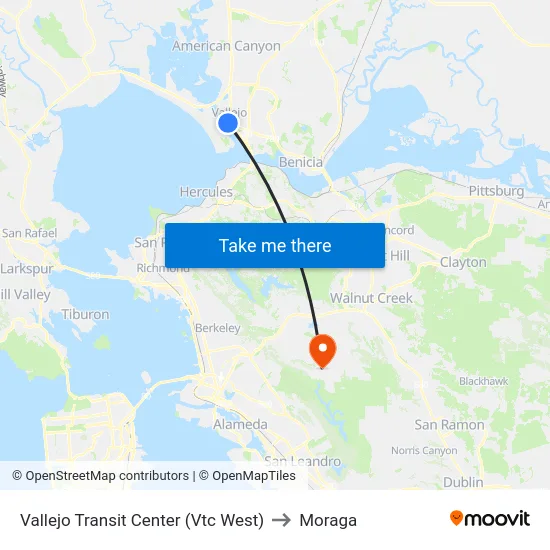 Vallejo Transit Center (Vtc West) to Moraga map