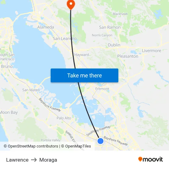 Lawrence to Moraga map