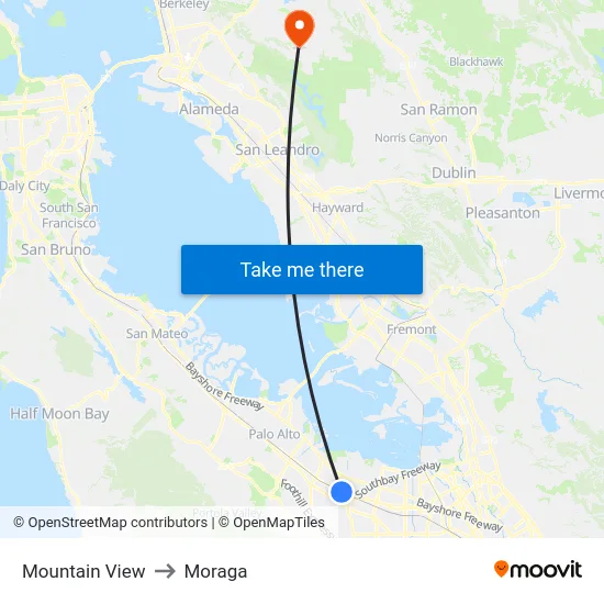 Mountain View to Moraga map