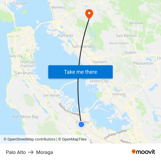 Palo Alto to Moraga map