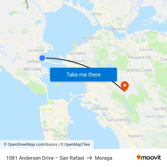 1081 Andersen Drive – San Rafael to Moraga map