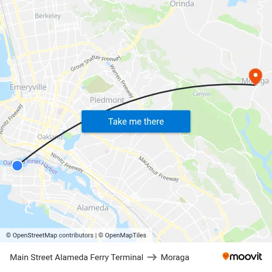 Main Street Alameda Ferry Terminal to Moraga map