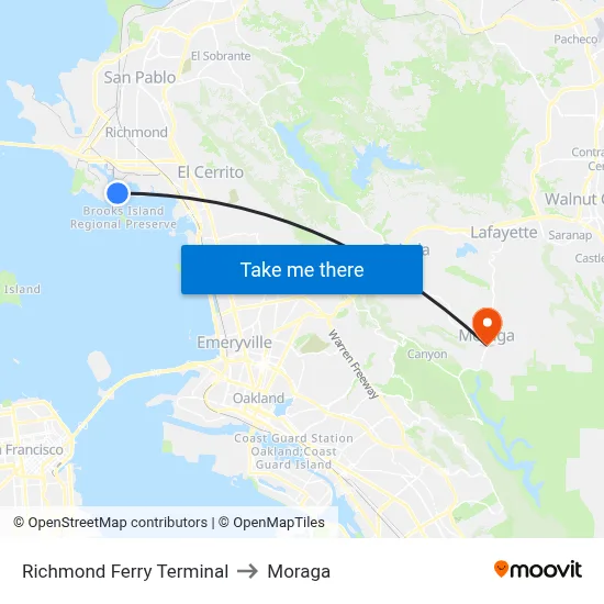 Richmond Ferry Terminal to Moraga map