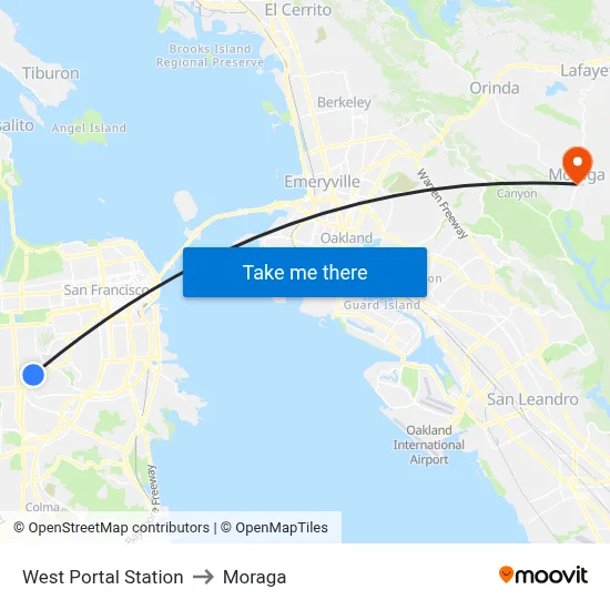 West Portal Station to Moraga map