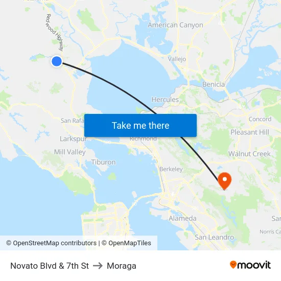 Novato Blvd & 7th St to Moraga map