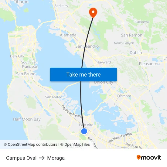 Campus Oval to Moraga map