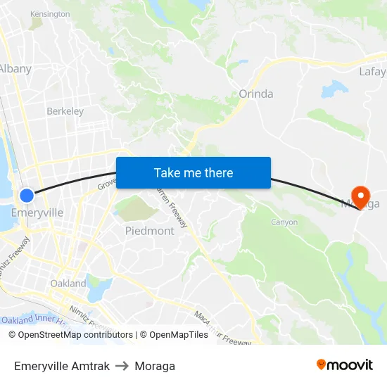 Emeryville Amtrak to Moraga map