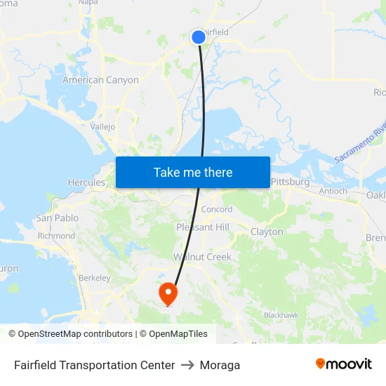 Fairfield Transportation Center to Moraga map