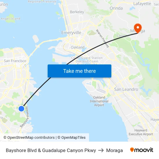 Bayshore Blvd & Guadalupe Canyon Pkwy to Moraga map