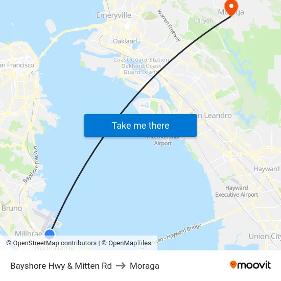 Bayshore Hwy & Mitten Rd to Moraga map