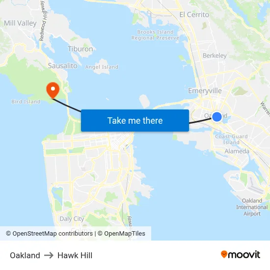 Oakland to Hawk Hill map