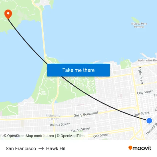 San Francisco to Hawk Hill map