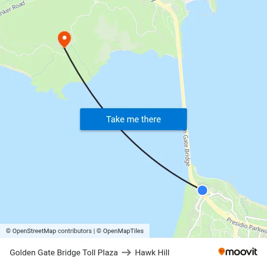 Golden Gate Bridge Toll Plaza to Hawk Hill map
