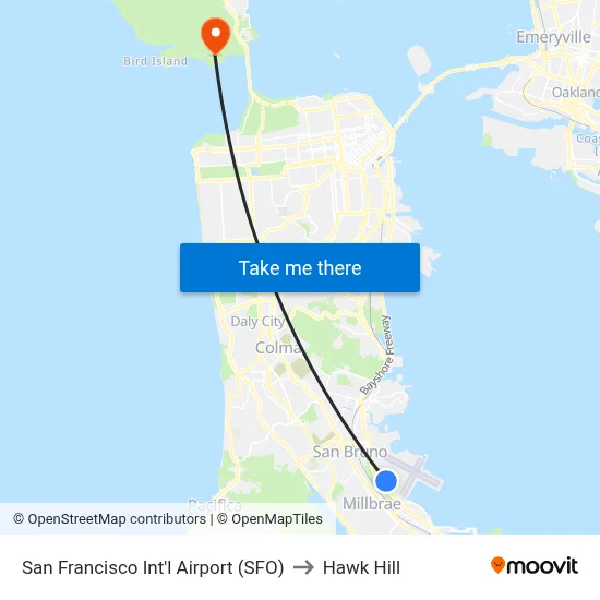 San Francisco Int'l Airport (SFO) to Hawk Hill map