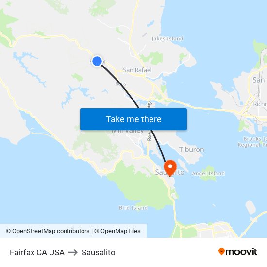 Fairfax CA USA to Sausalito map