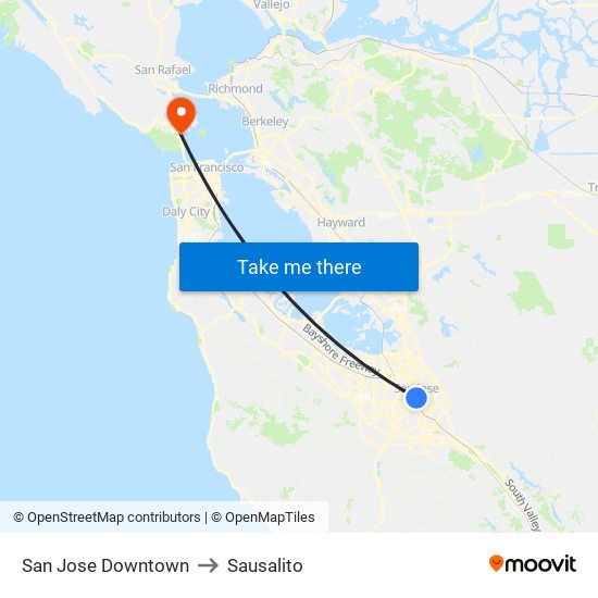 San Jose Downtown to Sausalito map