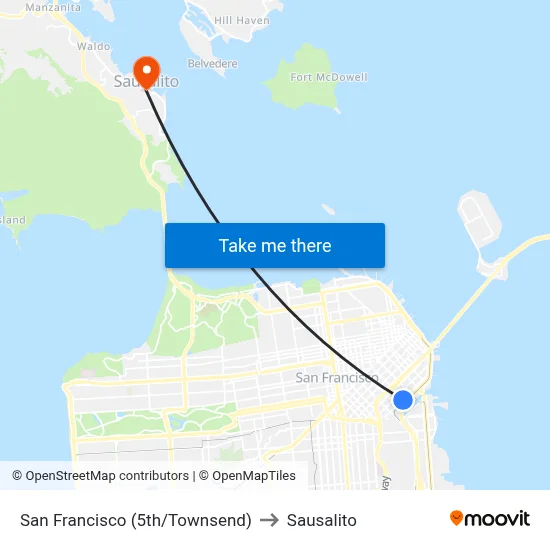 San Francisco (5th/Townsend) to Sausalito map