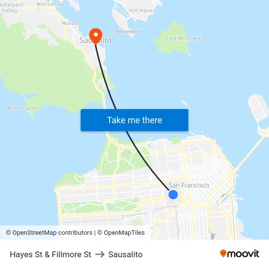Hayes St & Fillmore St to Sausalito map