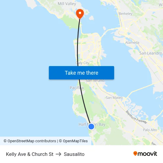 Kelly Ave & Church St to Sausalito map