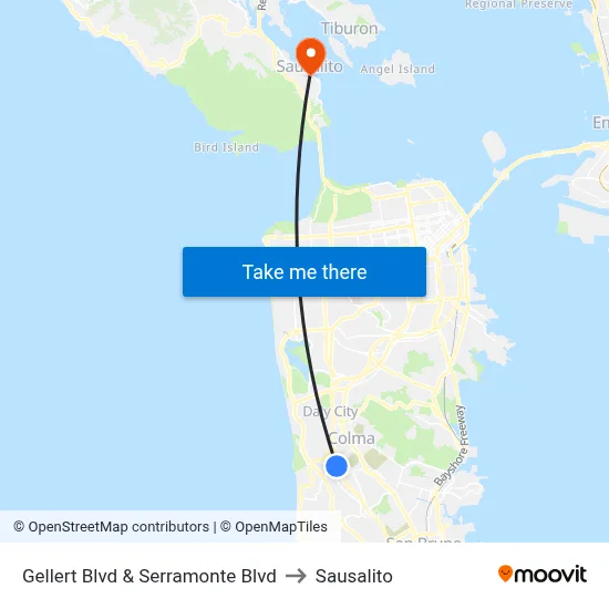 Gellert Blvd & Serramonte Blvd to Sausalito map