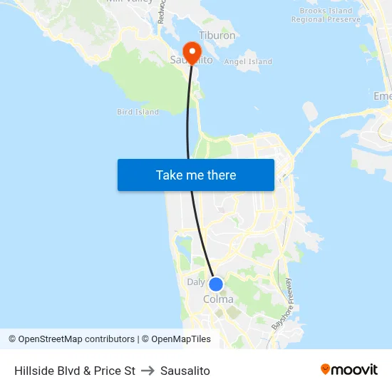 Hillside Blvd & Price St to Sausalito map