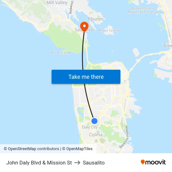 John Daly Blvd & Mission St to Sausalito map