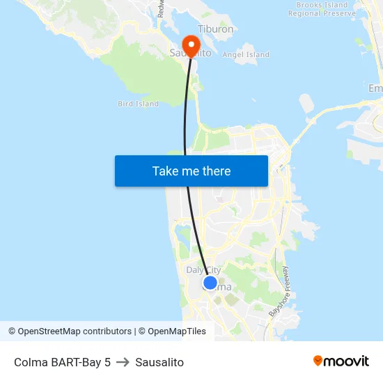 Colma BART-Bay 5 to Sausalito map