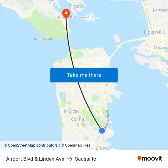 Airport Blvd & Linden Ave to Sausalito map
