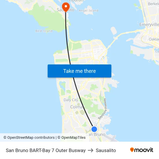 San Bruno BART-Bay 7 Outer Busway to Sausalito map