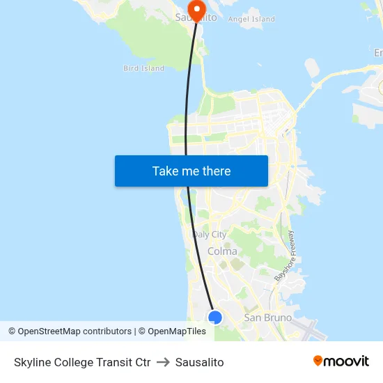 Skyline College Transit Ctr to Sausalito map