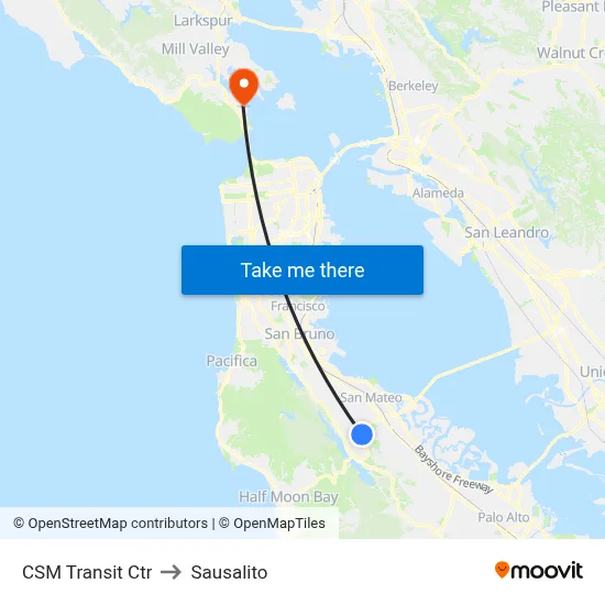CSM Transit Ctr to Sausalito map