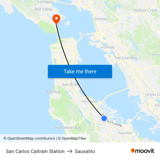 San Carlos Caltrain Station to Sausalito map