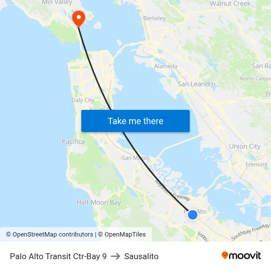 Palo Alto Transit Ctr-Bay 9 to Sausalito map