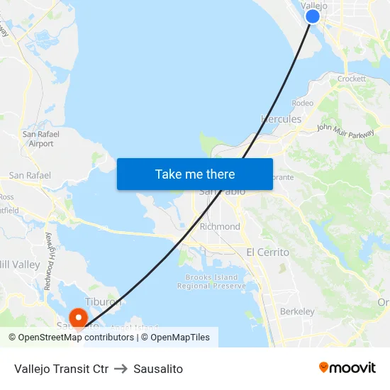 Vallejo Transit Ctr to Sausalito map