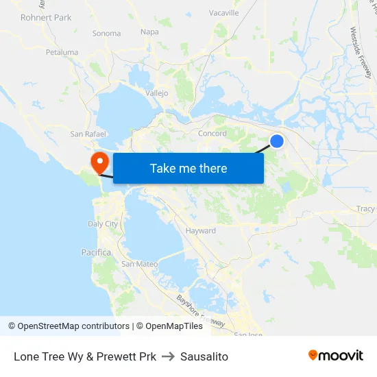 Lone Tree Wy & Prewett Prk to Sausalito map