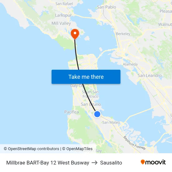 Millbrae BART-Bay 12 West Busway to Sausalito map