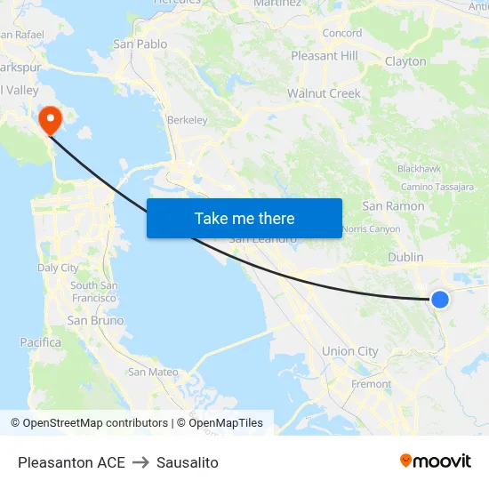 Pleasanton ACE to Sausalito map